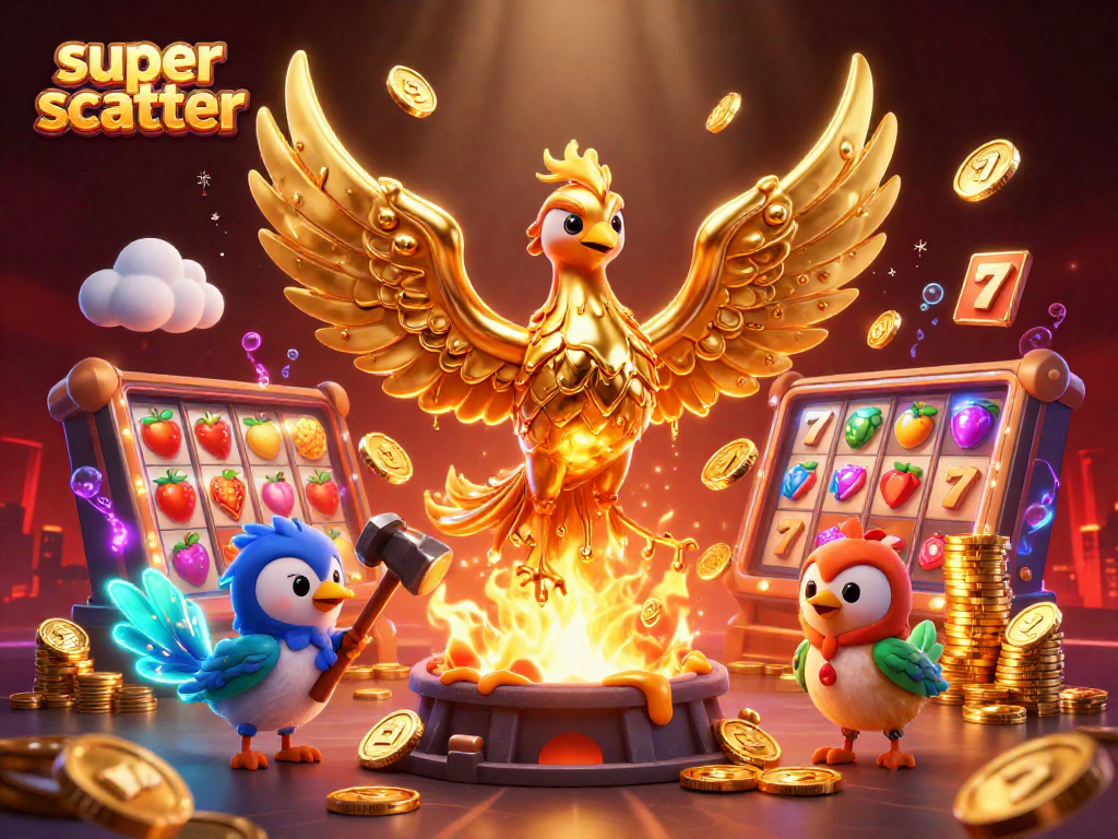 Experience the thrill of the super scatter feature in this vibrant illustration of a golden phoenix with slot reels and jackpot symbols.