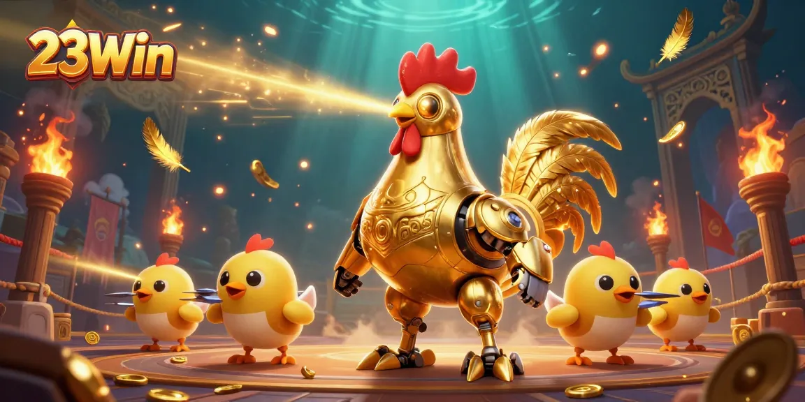 Experience thrilling gameplay with 23Win's golden rooster robot and vibrant casino elements.