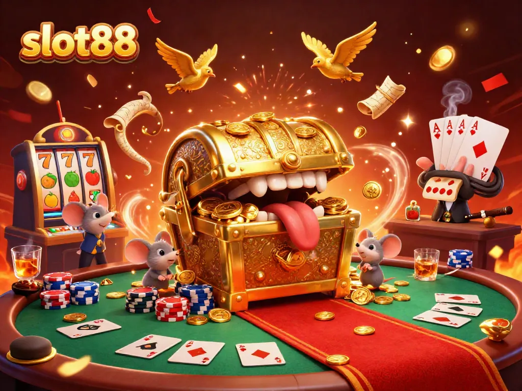 Engage with slot88's dynamic casino scene featuring adventure mice lured by a treasure chest amid vibrant game elements.
