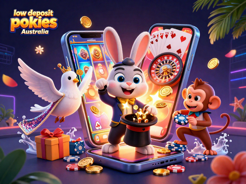 Experience low deposit pokies Australia with a fun scene featuring a magician rabbit and exciting game elements.