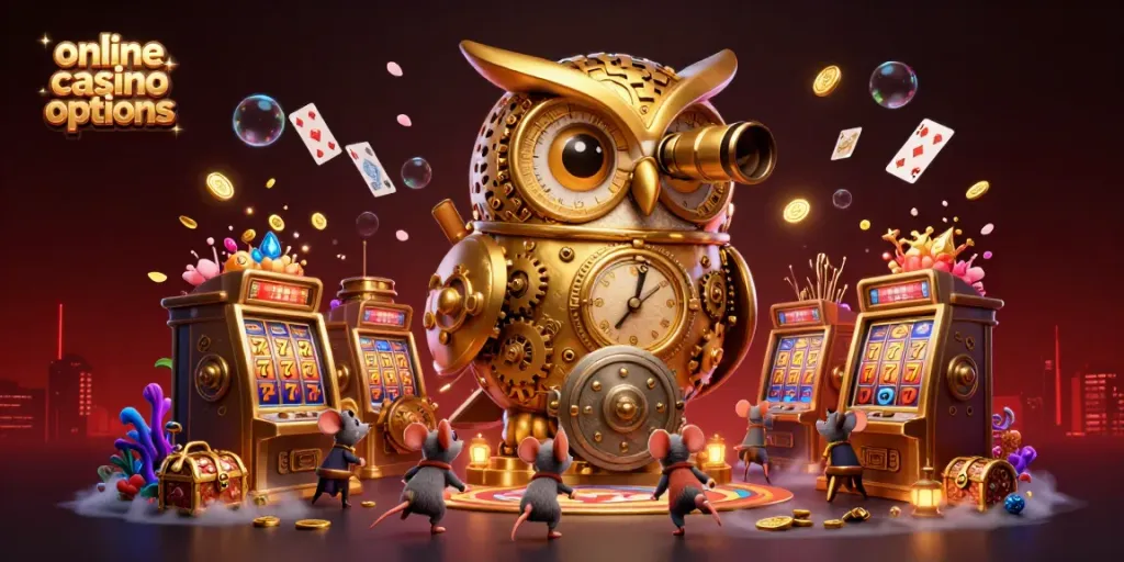 Experience online casino options with a vibrant scene of a clockwork owl and wind-up mice amidst dazzling slot machines.