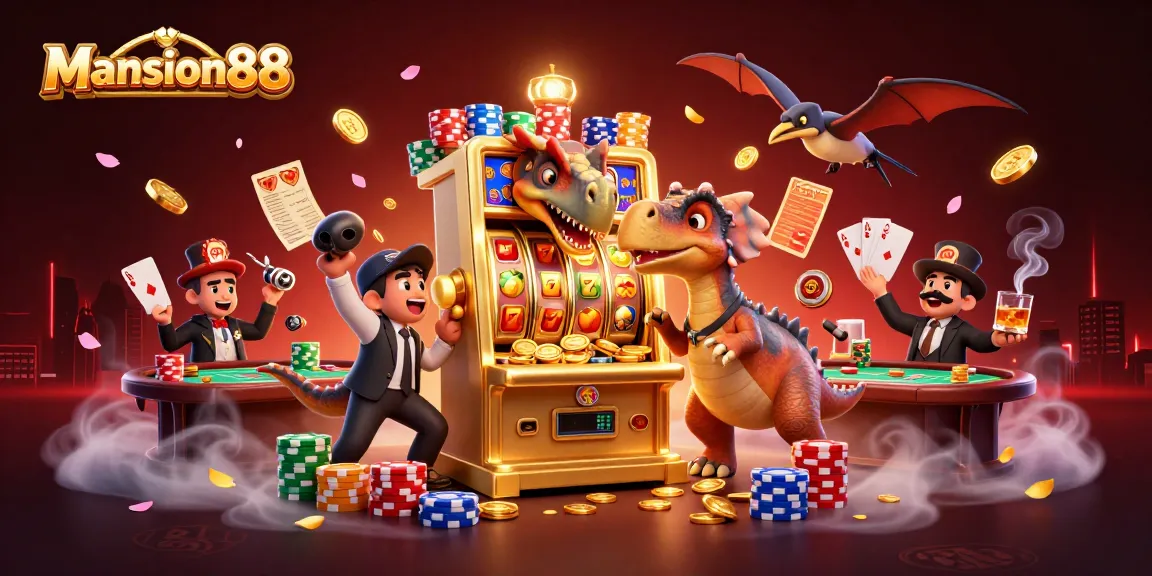 Mansion88 captivates players with a thrilling scene of dinosaur characters and vibrant casino elements.