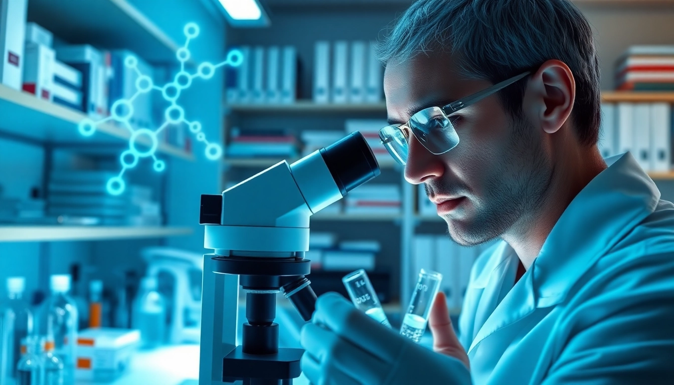 Examine research peptides in a high-tech laboratory setting with a focused scientist.