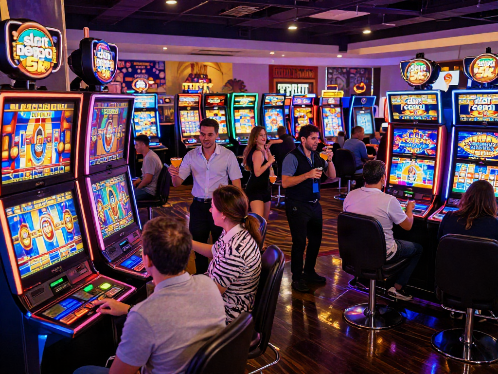 Exciting gaming scene with players at slot machines showcasing slot depo 5k promotions, vibrant casino atmosphere.