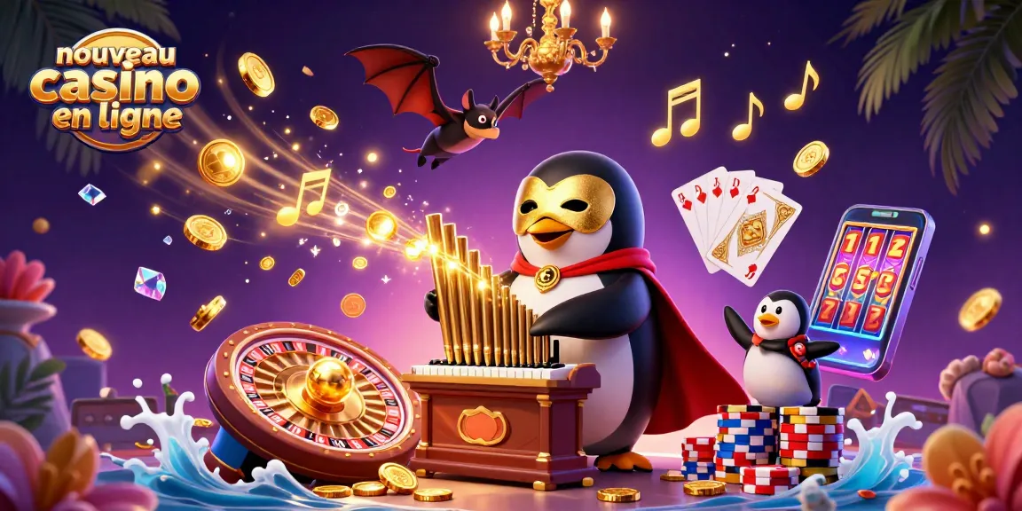 Plongez dans le nouveau casino en ligne avec un pingouin jouant de l'orgue, entouré de pièces d'or.