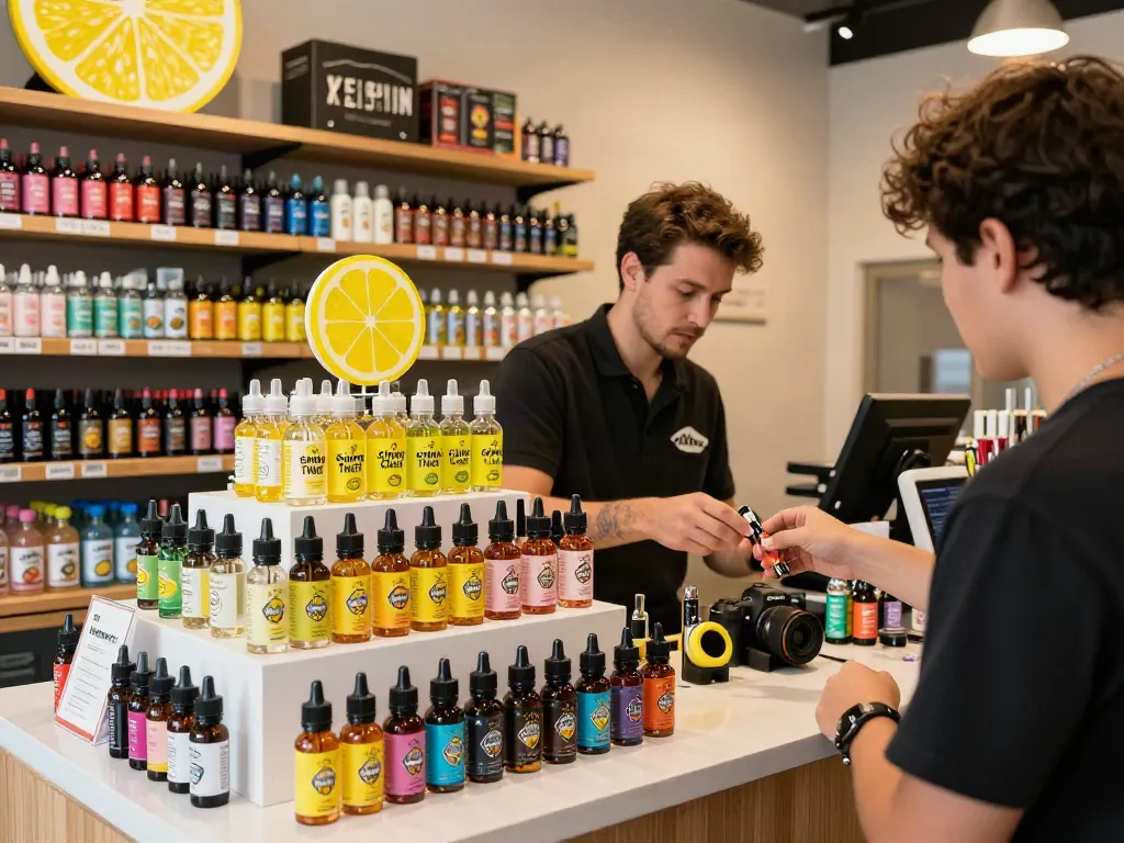 Vibrant vape shop showcasing Lemon Twist Golden Coast Lemon Bar e-liquid among premium vaping products, highlighting a customer service interaction.