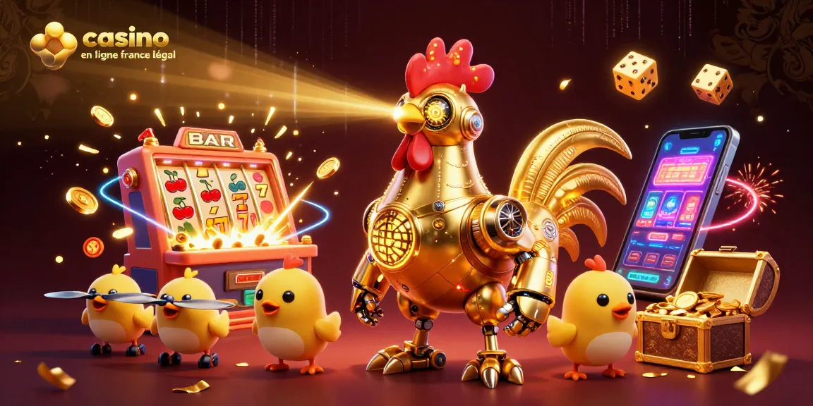 Capture d'une scène de casino en ligne en France légal avec un robot coq doré et des drones volants.