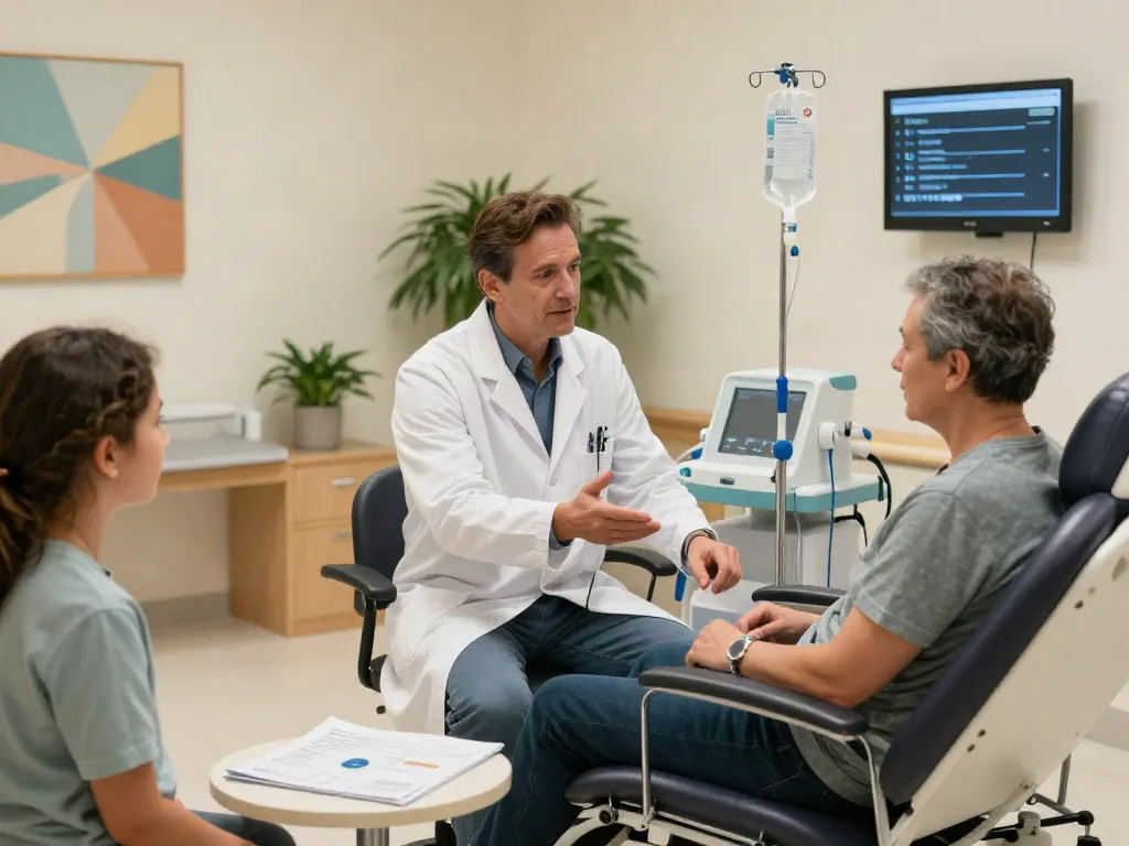 Patient receiving CAR T cell therapy consultation in modern oncology facility, conveying hope and support.