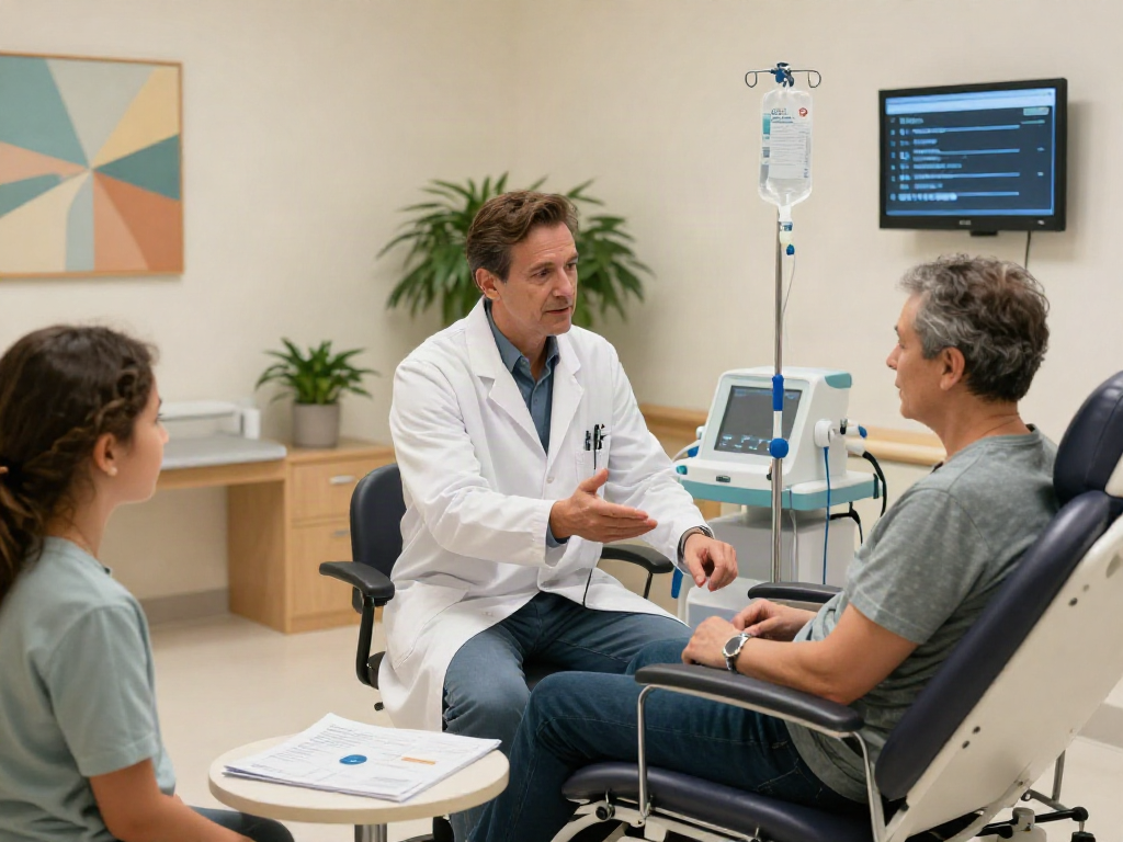 Patient receiving CAR T cell therapy consultation in modern oncology facility, conveying hope and support.
