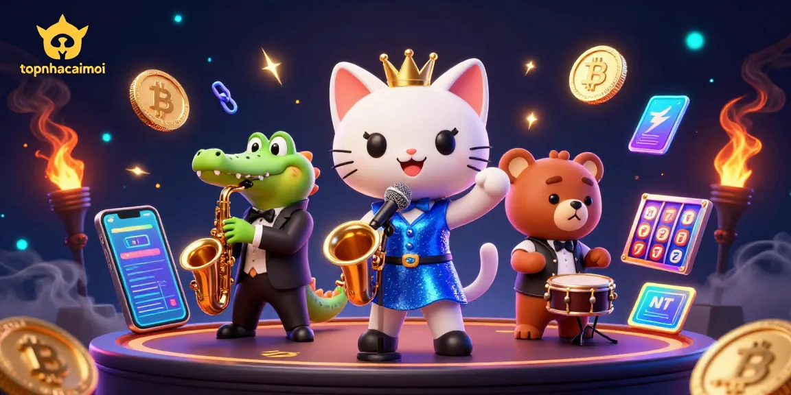 Join topnhacaimoi in an energetic casino scene featuring animated characters and vibrant gambling elements.