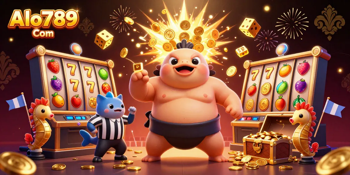 Engage in thrilling adventures at Alo789 Com with dazzling jackpots, featuring a fugu in a sumo belt amidst vibrant casino action.