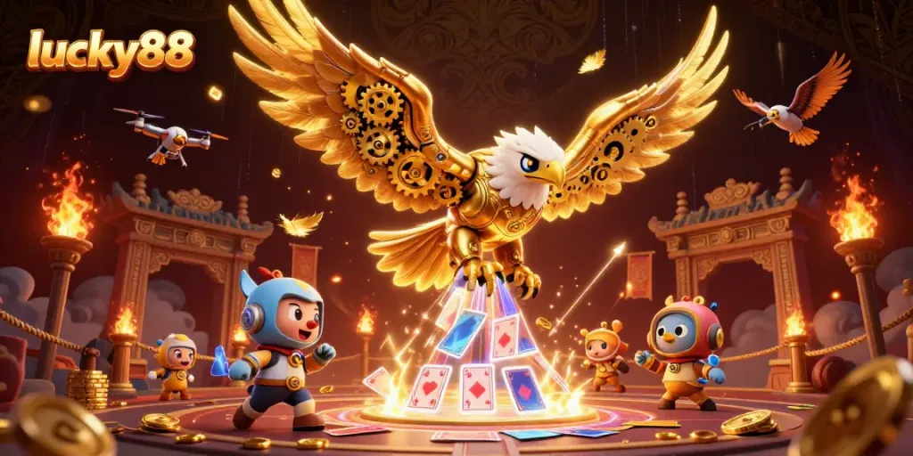 Experience lucky88 with a golden eagle amidst vibrant casino game elements in a dynamic 3D scene.