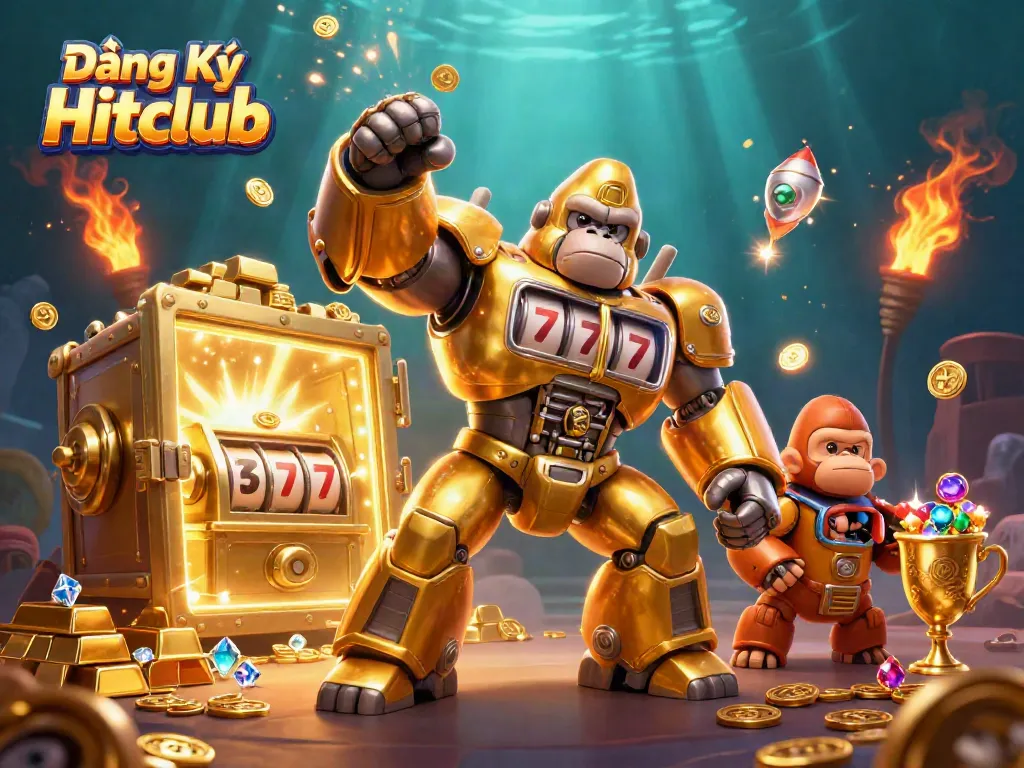 Experience excitement with Đăng Ký Hitclub as a golden gorilla mech bursts with treasure and joy.