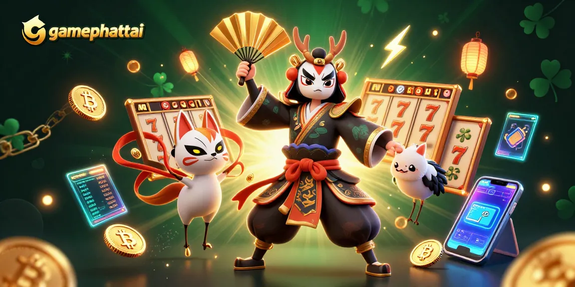Experience thrilling gamephattai action with kabuki warriors and vibrant casino elements.