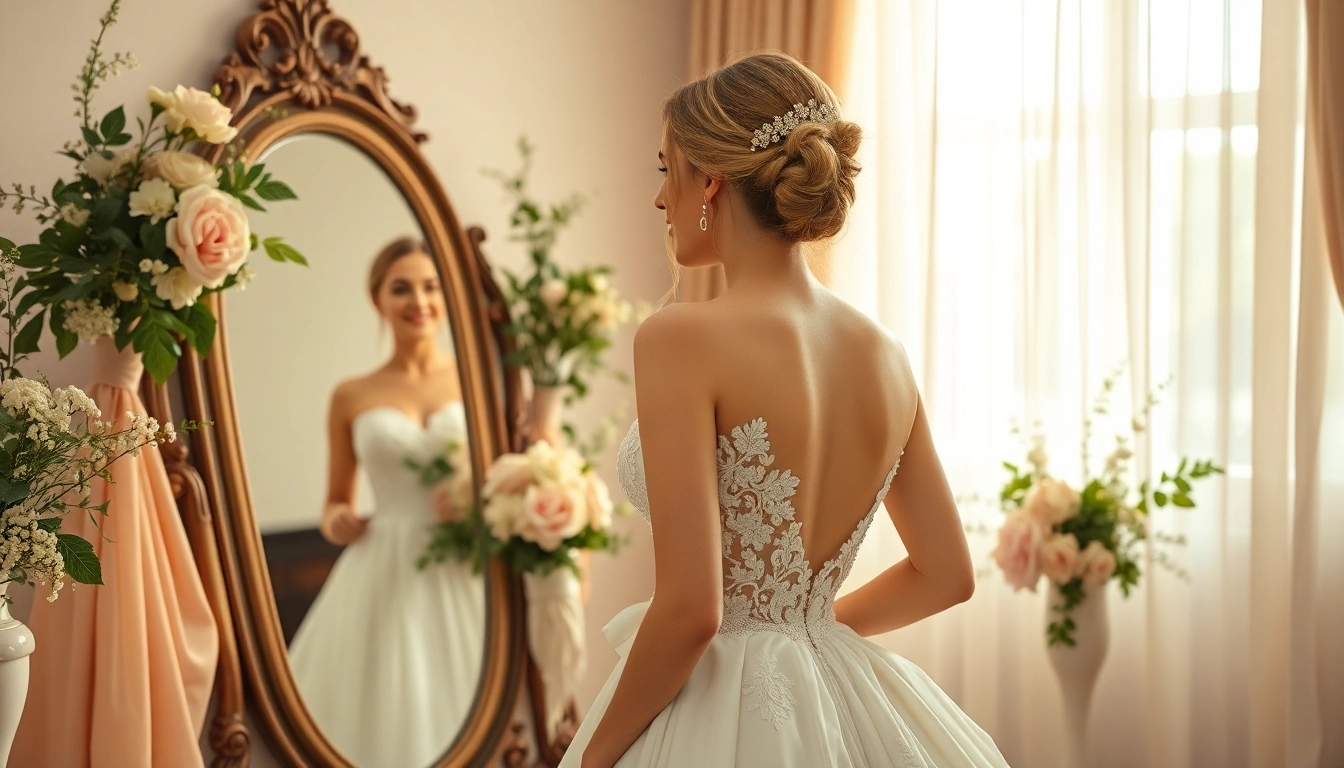 Bridal styling con abito elegante e dettagli floreali in un'atmosfera romantica.