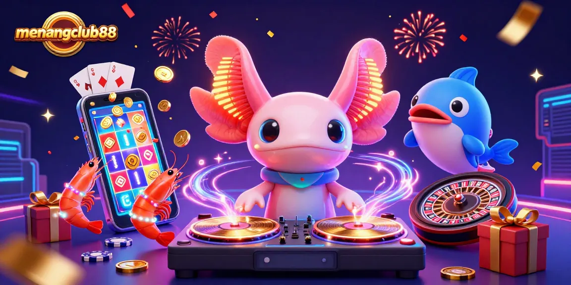 Experience the excitement of menangclub88 with vibrant 3D gameplay and retro elements in this colorful illustration.