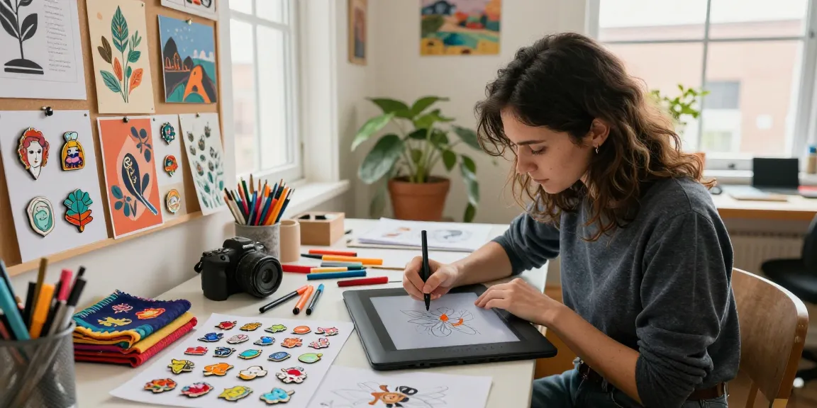 Designer creating custom enamel pins with vibrant samples and artistic inspiration in a bright workspace.