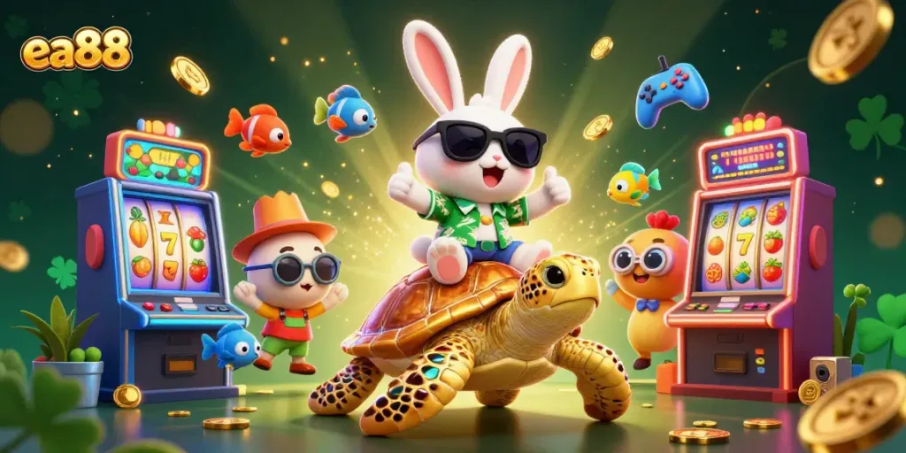 Hình ảnh minh họa 3D sinh động của thỏ may mắn và rùa vàng trên nền casino vui nhộn ea88