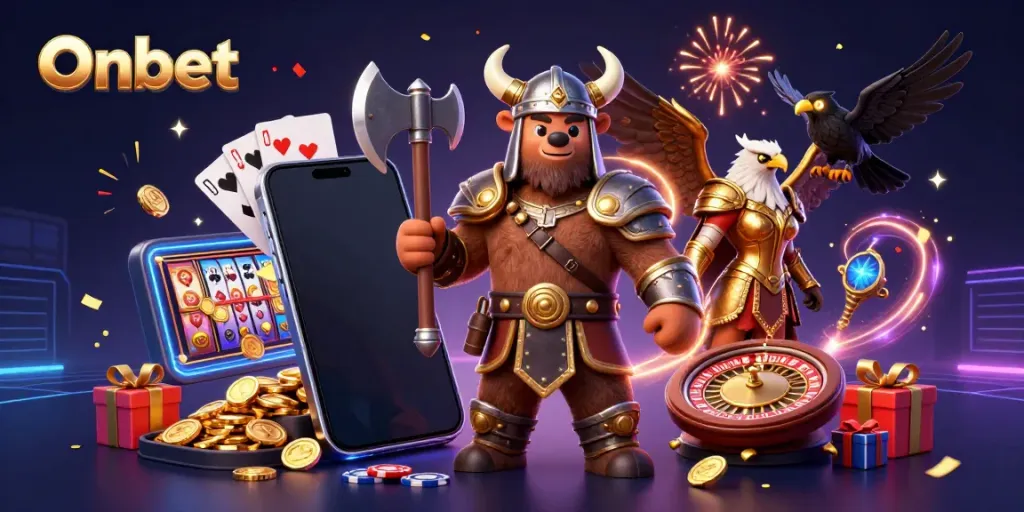 Experience thrilling adventures with Onbet, featuring a Viking bear, Valkyrie eagle, and engaging slot gaming elements.