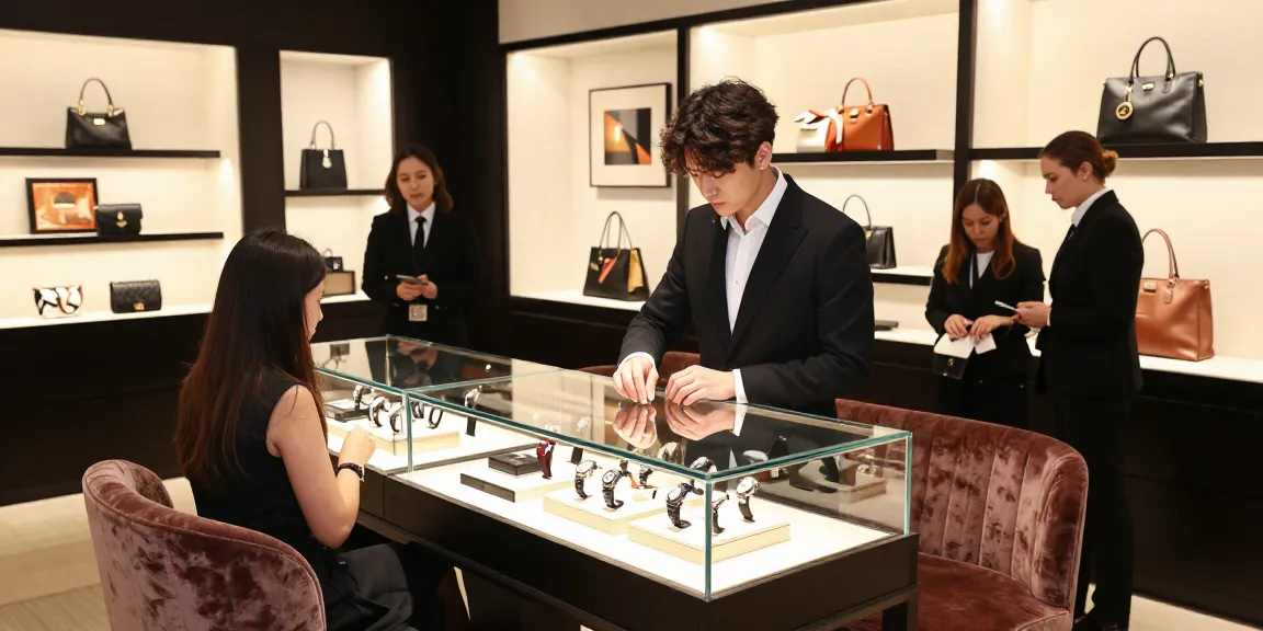 LUXURY111 pengalaman berbelanja mewah di butik yang elegan dengan jam tangan dan tas desainer.