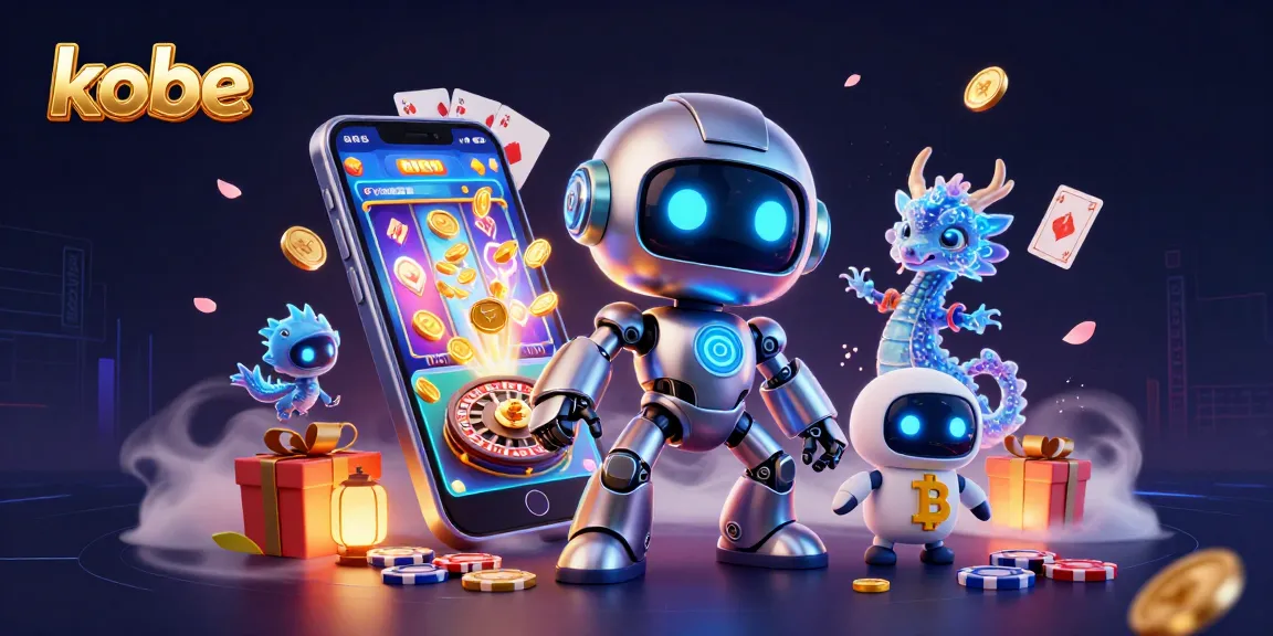 Experience the thrill of kobe-themed gaming adventures with a vibrant casino scene featuring a cyberpunk robot and bitcoin.
