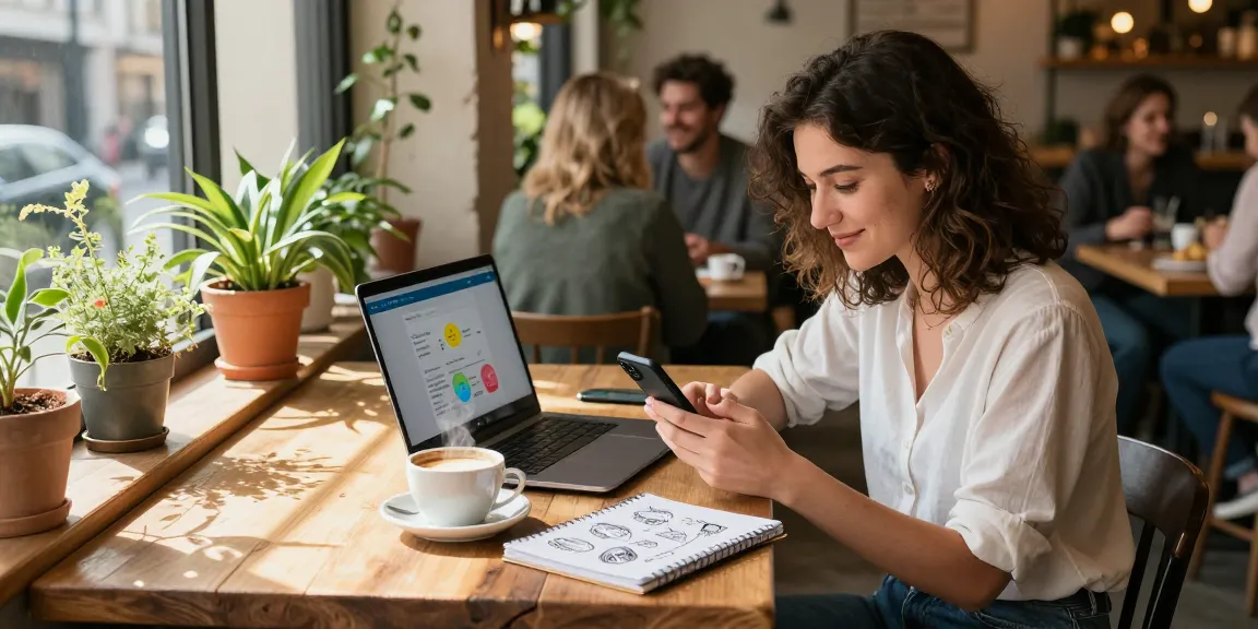 Young woman enjoying coffee while using the "how old do I look" app in a trendy café.
