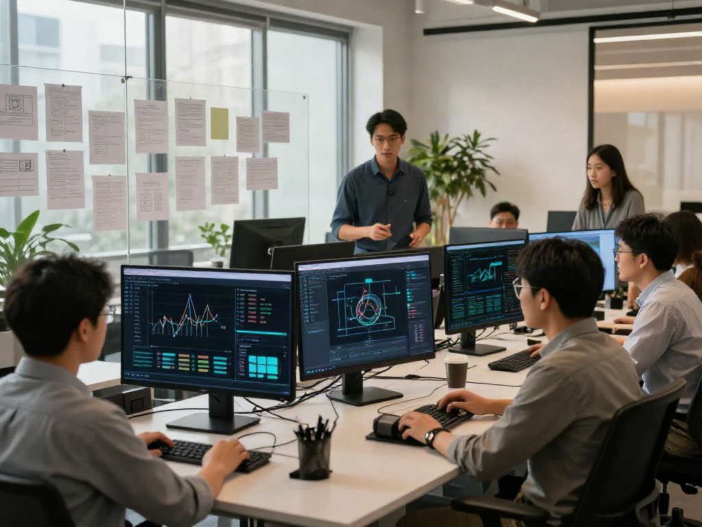 Collaboration on AI inference models in a modern office environment.