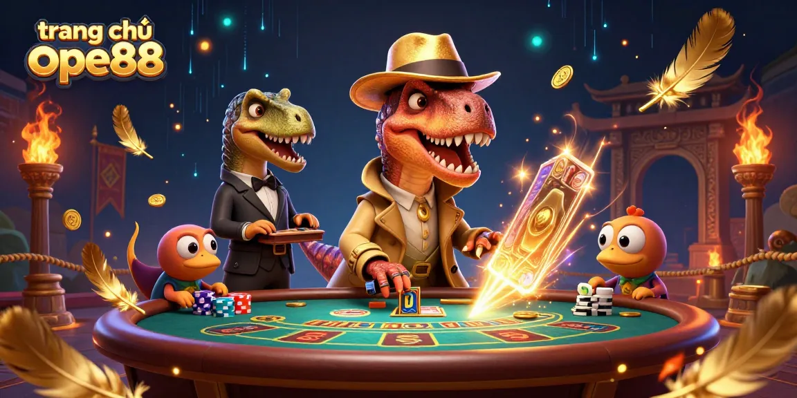 Experience the thrill at trang chủ ope88 with a cunning velociraptor card counter and vibrant casino elements.