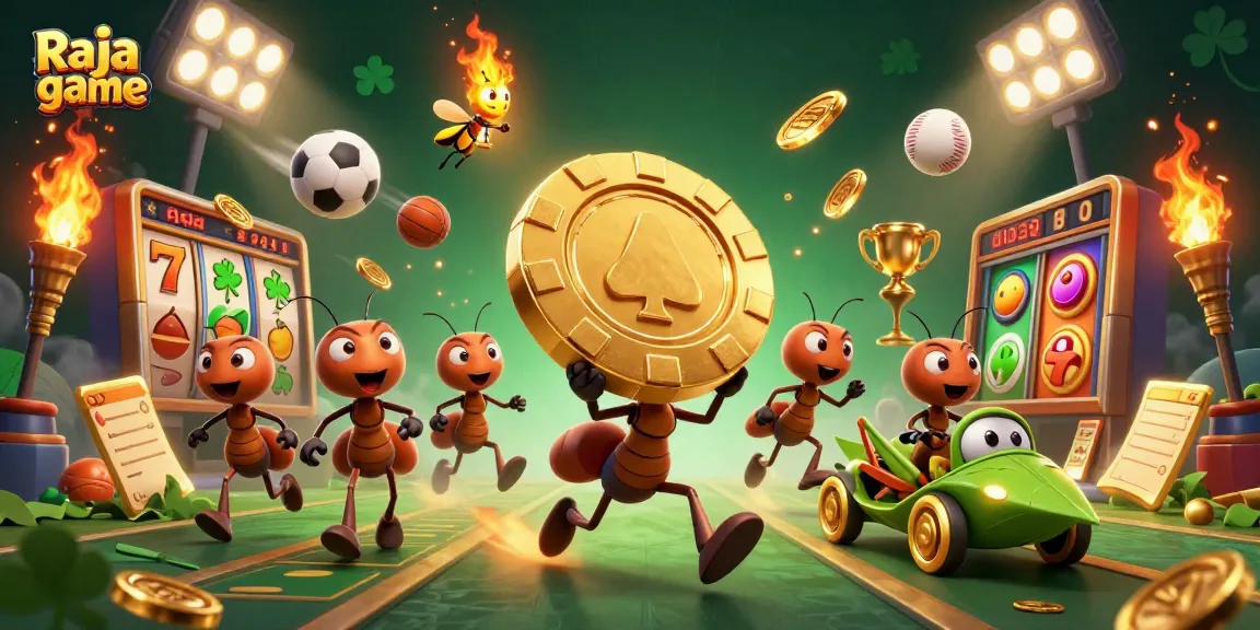 Play exciting games on Raja game while cartoon ants carry a giant poker chip in a lively casino.