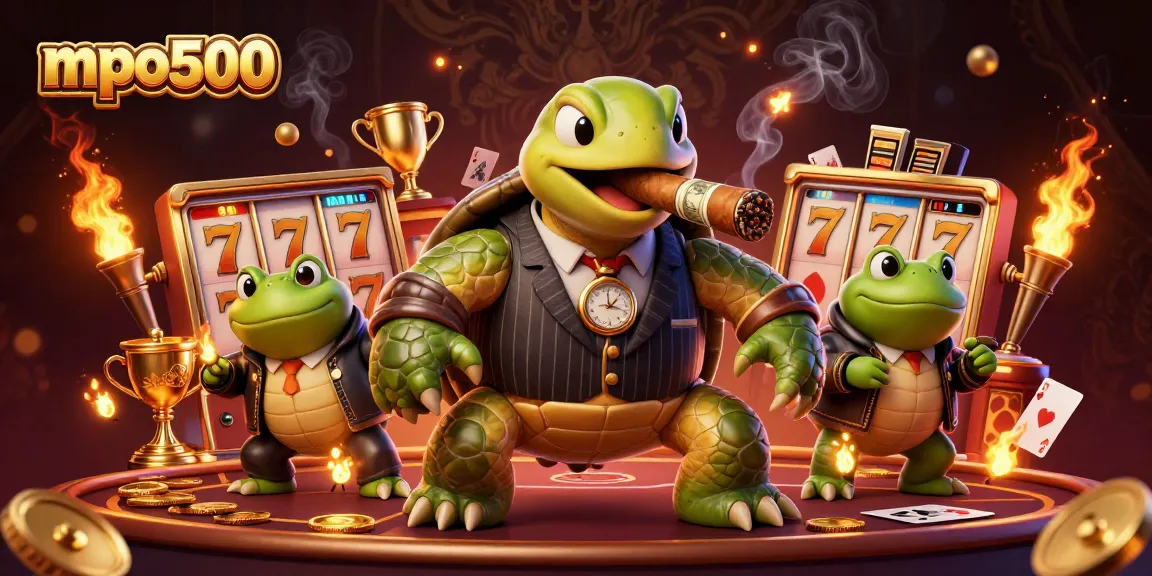 Experience excitement with mpo500 in a dynamic 3D illustration featuring a mobster turtle and casino elements.
