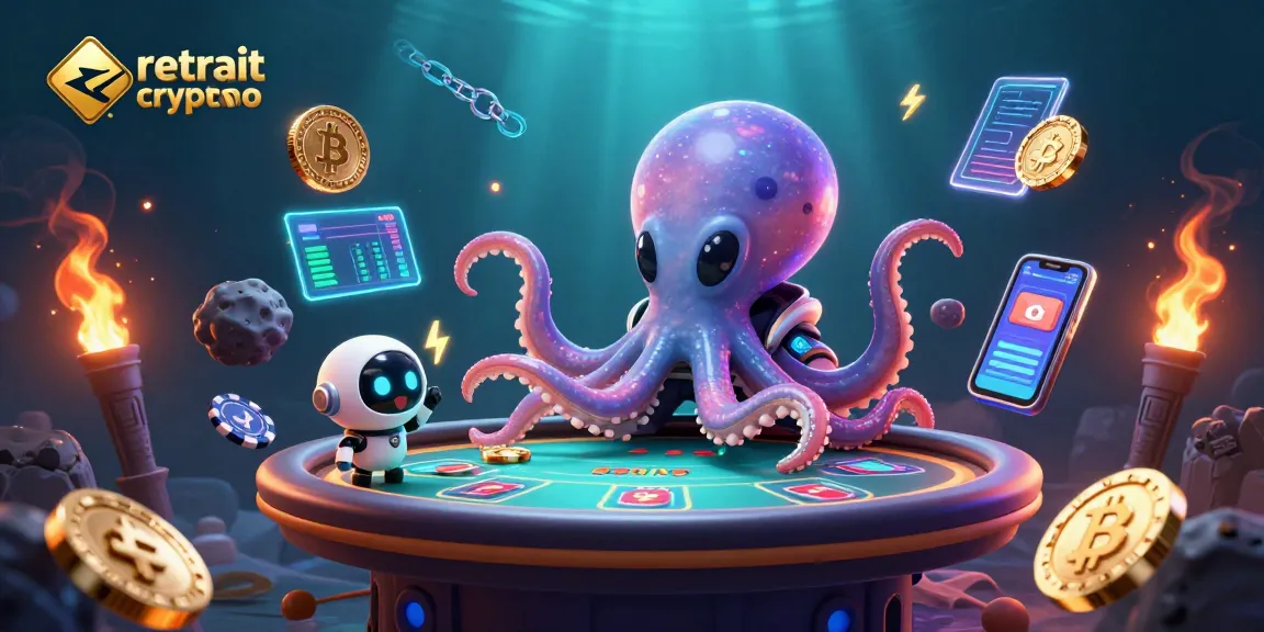 Retrait crypto casino : un octopus alien et un robot au poker avec des pièces bitcoin et ethereum.