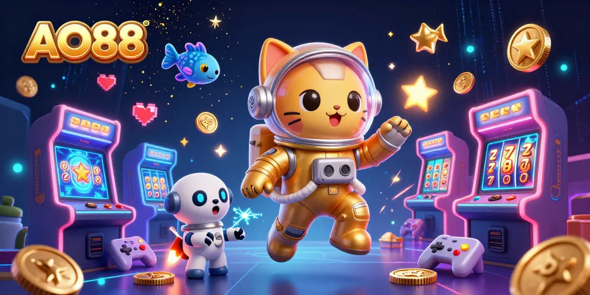 Engaging AO88 casino illustration with a space cat, robot dog, and slot reels in a nebula.